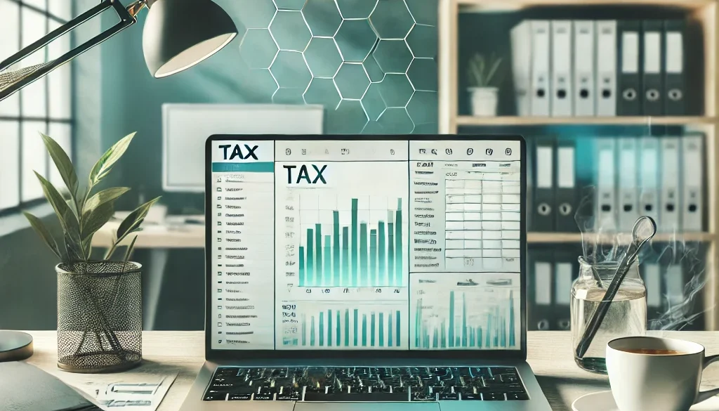 DALL·E 2024-12-26 17.05.21 - A professional and sleek image showcasing the concept of tax preparation. The image includes a modern desk setup with a laptop displaying a tax softwa